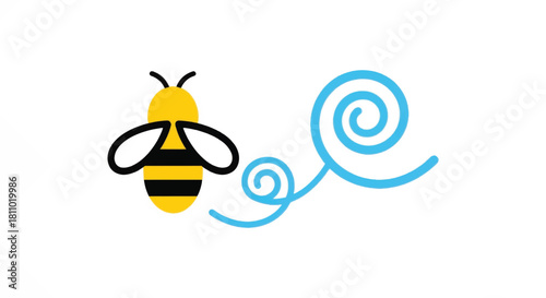 Cartoon bee with swirling trail of blue color flying in the air.