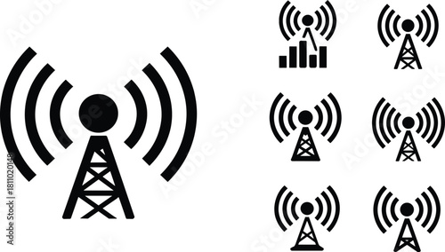 Black Icons of Radio Towers and Signal Waves on White Background antenna transmission tower