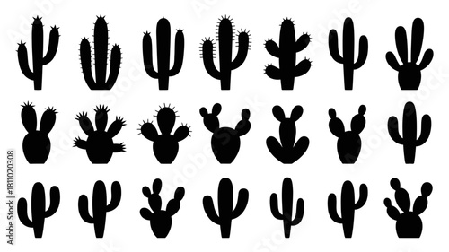 Collection of diverse cactus silhouettes for design projects, botanical illustrations, desert themes, and nature-inspired graphics sets.