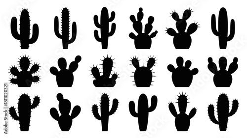 Collection of diverse black cactus silhouettes, isolated on a clean background, representing various desert succulent plants and their iconic shapes.