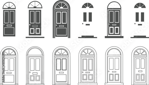 Collection of arched doorway and door silhouette icons entrance