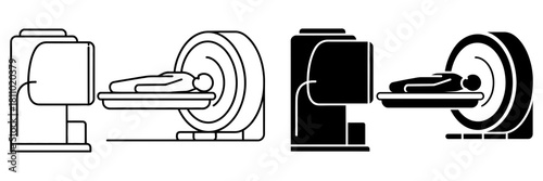 Mri ct scan icon set with patient undergoing medical imaging procedure, showing both outline and solid glyph styles for health diagnosis technology
