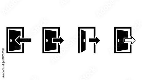 Entry and exit door icons set, showing movement in and out, open and closed states, ideal for navigation, accessibility, and user interfaces