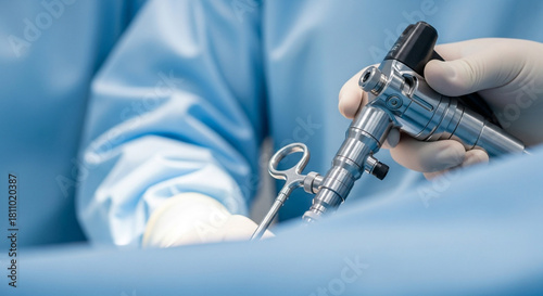 Surgeons hand in glove holding laparoscopic instrument during minimally invasive surgery, closeup view