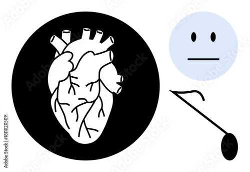 Anatomical heart inside a black circle, neutral face emotion, and slanted needle. Ideal for medicine, healthcare, emotions, anatomy, psychology cardiology life fragility. Simple flat metaphor