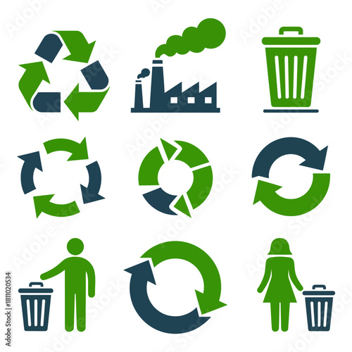 Green and blue environmental protection and recycling icons set featuring industry, trash cans, circular arrows, and people disposing of waste.