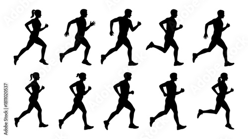 Running and jogging silhouettes, male and female figures in motion, diverse athletic stances, healthy lifestyle exercise and fitness concept