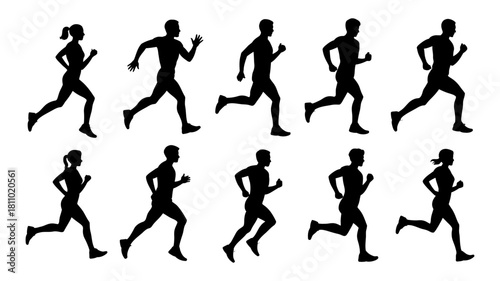Dynamic collection of diverse running people silhouettes, showcasing male and female athletes in various running poses, illustrating fitness, active lifestyle.