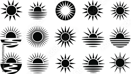 Collection of Black Sun and Sunrise Icons on White Background sun icon sun silhouette