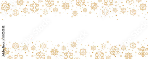 Horizontal Christmas and winter banner template featuring borders of scattered golden snowflakes and small stars on the top and bottom of a central white background.