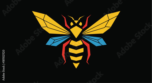 Vibrant Geometric Honey Bee Illustration with Stylized Wings and Body.
