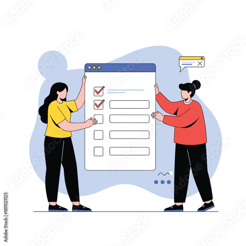 Two women collaborate on a large online checklist or survey form representing task management and project planning.