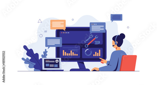 Female customer service agent with a headset provides technical support using a computer with multiple data dashboards.