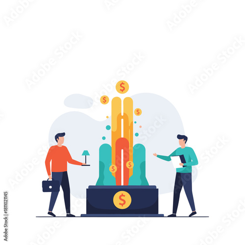 Two businessmen stand by a fountain spouting gold coins representing a successful business venture or cash flow source.