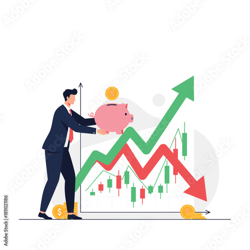Businessman holds a piggy bank while navigating a volatile stock market chart with rising and falling candlestick trends.