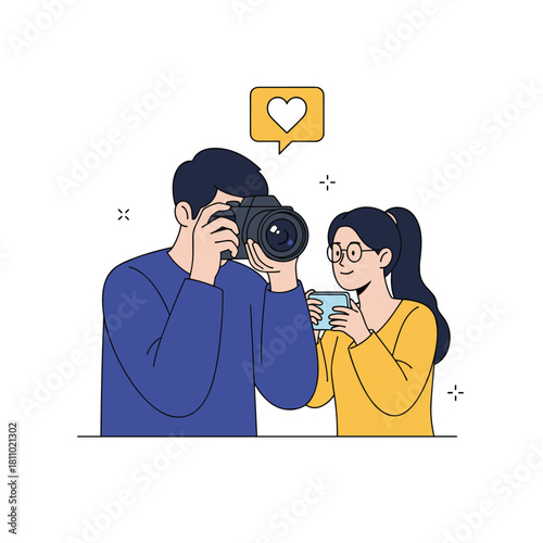 Male photographer takes a picture while a smiling woman looks at her phone with a heart icon in a speech bubble above.