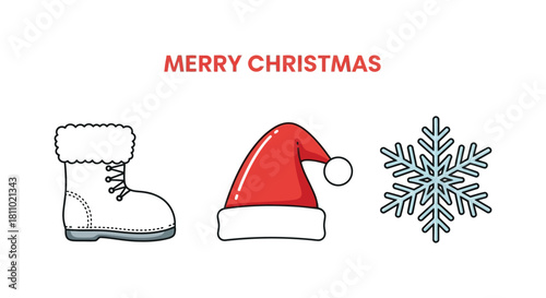 Three Christmas icons showing a winter boot, Santa hat and snowflake with Merry Christmas text
