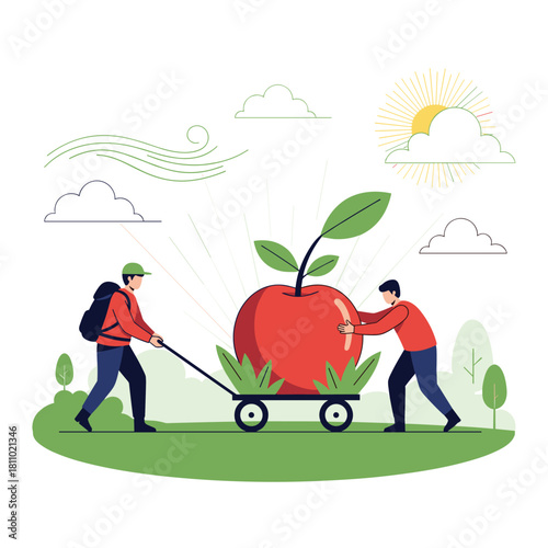 Two men work together to transport a giant fresh apple on a cart representing teamwork in agriculture and healthy food.