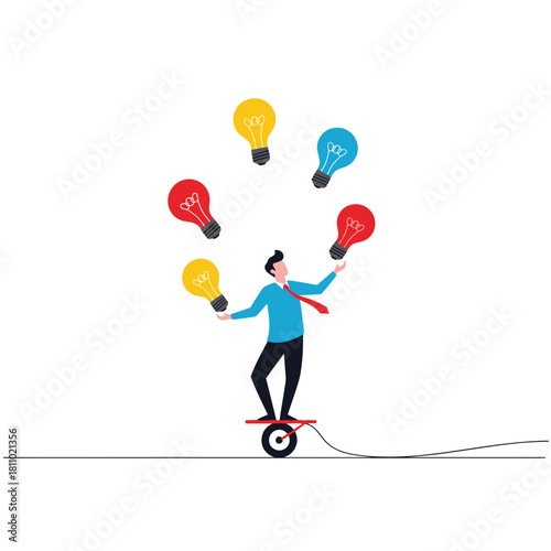 Businessman balances on a unicycle while juggling multiple colorful light bulbs representing multitasking and creative ideas.