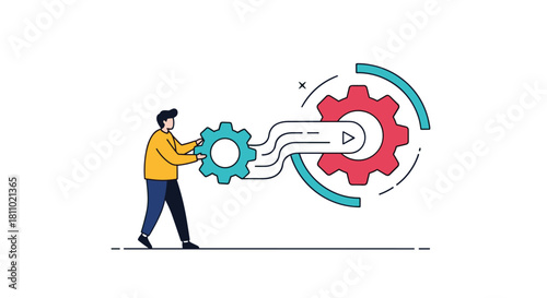 Man connects a small gear to a larger one representing system integration process improvement and creating a workflow.