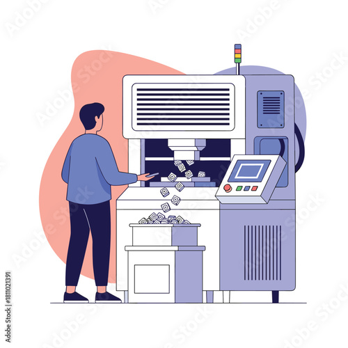 Factory worker in a blue shirt operates a large industrial machine in a modern manufacturing plant for mass production.