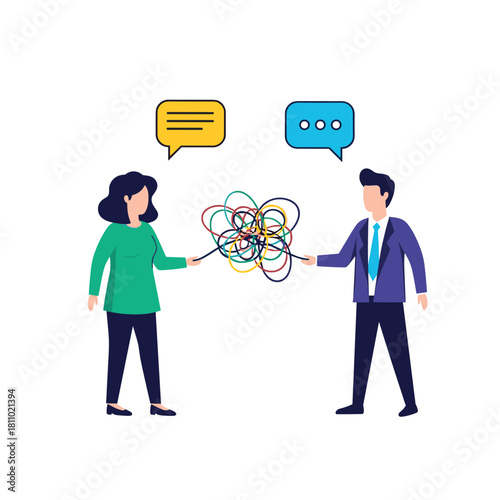 Man and woman try to untangle a complicated knot of colorful threads representing problem solving and clear communication.