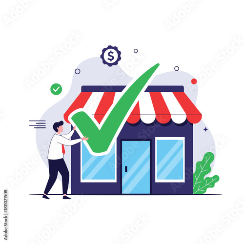 Businessman placing a large green check mark on a storefront to signify a successful business verification or opening.