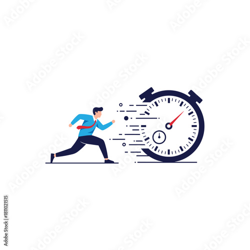 Businessman runs in a race against time with a large stopwatch in the background representing deadlines and urgency.