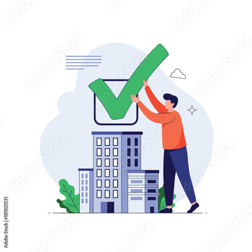 Young man placing a giant green check mark over city buildings representing real estate approval or property selection.