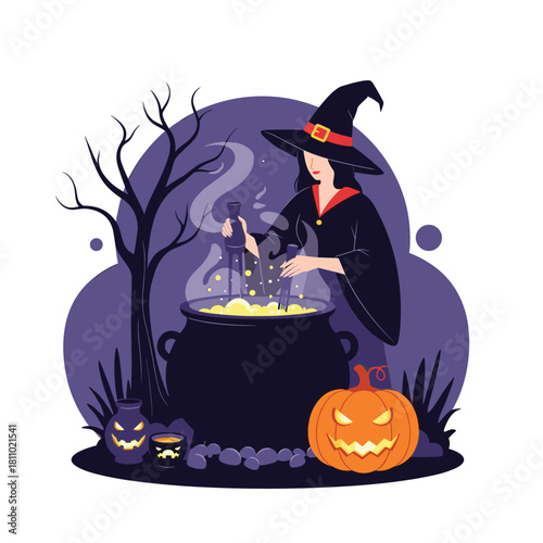 Spooky Halloween scene with a witch in a pointy hat stirring a magical bubbling potion in a large black cauldron at night.