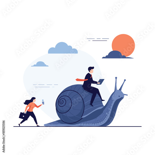 Businessman with a laptop makes slow progress riding a giant snail while a competitor runs quickly past him toward the goal.