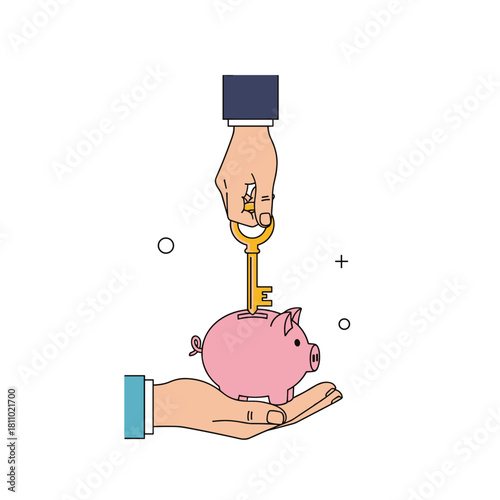 Hand placing a golden key into a pink piggy bank being held by another hand symbolizing the key to financial savings.