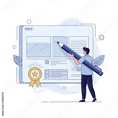 Man with a large pencil drawing a business graph on a web dashboard with a quality award ribbon representing content creation.