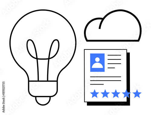 Lightbulb, cloud, and resume graphic with user profile and five-star rating. Ideal for concepts thumbs up innovation, cloud storage, personal branding, online resumes, rating systems, data