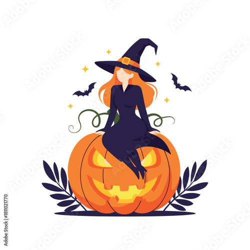 Beautiful red-haired witch in a dark dress and pointy hat sitting on top of a giant carved jack-o'-lantern pumpkin.