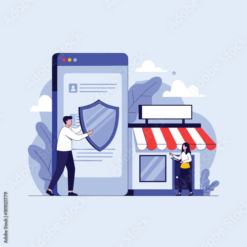 Man and woman ensuring small business security with a large shield protecting customer data on a giant mobile application.