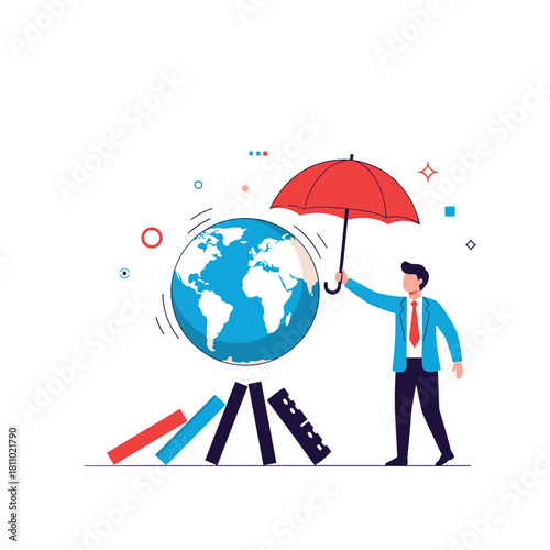 Businessman holding a red umbrella to protect the world globe from falling dominoes representing global risk management.