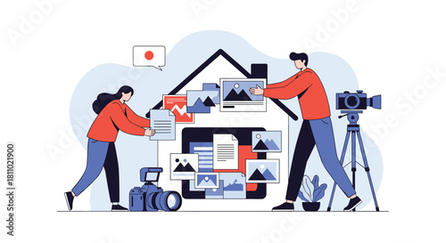 Two content creators working together in a home studio to organize a digital portfolio of photos and videos for a project.