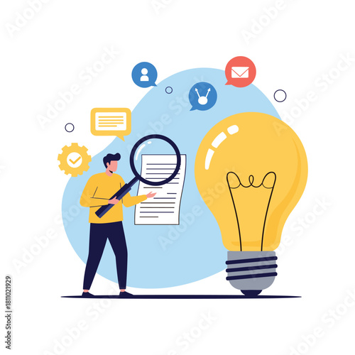 Man with a magnifying glass researches a document next to a giant lightbulb representing the search for a new business idea.