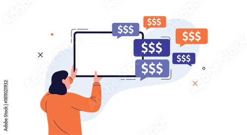 Woman holding a blank tablet screen with multiple chat bubbles containing dollar signs representing online income streams.