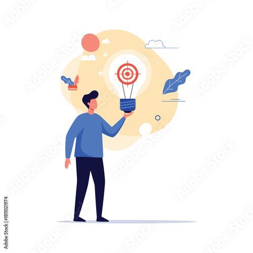 Man holding up a creative idea lightbulb with a target inside representing the concept of a focused business innovation.