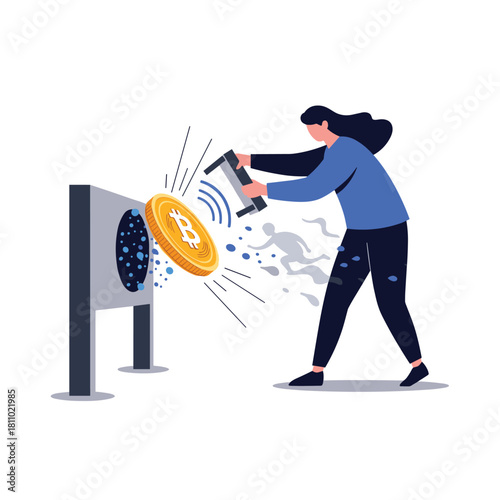 Woman using a large magnet to attract a bitcoin from a portal representing the concept of cryptocurrency mining or earning.
