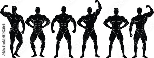 Bodybuilders silhouette vector set, muscular men posing, fitness, strength, bodybuilding competition, muscle growth, gym workout, athletic figure.