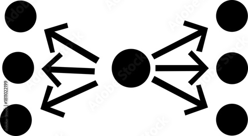 Black Icon of Central Node Connected to Six Outer Nodes, Simple black silhouette showing a central node linked to six surrounding nodes, symbolizing network, connectivity, and data. isolated on transp