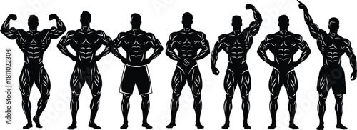 Bodybuilding championship silhouette vector set, muscular men posing, fitness, strength, power, muscle growth, gym workout, athletic figure collection.