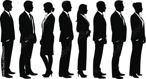 Business people standing side view silhouette vector set, corporate team, executives, professional staff, office workers, profile, full body, leadership.