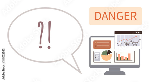 Computer monitor displaying fluctuating business analytics thumbs up charts and graphs. Speech bubble with punctuation expressing confusion. Ideal for risk, caution, e-commerce, analysis, warning