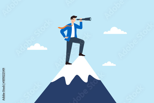 Flat illustration of businessman standing on snowy mountain peak while looking through telescope symbolizing leadership ambition and vision toward success