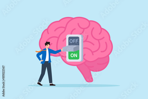 Flat illustration of businessman turning on large switch inside giant brain symbolizing mindset activation creativity and personal development