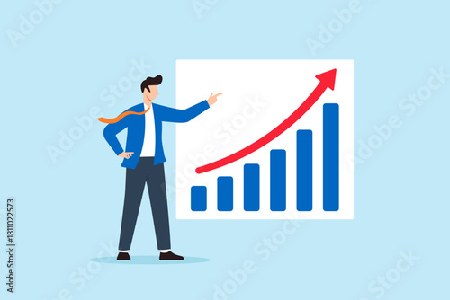 Flat illustration of businessman presenting graph with high improvement bar chart symbolizing sales growth revenue success and positive business performance